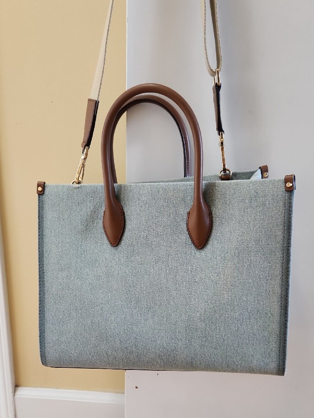 Michael Kors Light Blue Denim Tote with Brown Trim and Strap - Picture 2 of 3